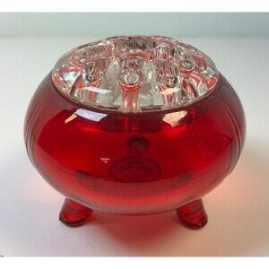Vintage 1960s Viking Glass Flowerlite Vase Ruby Footed Rose Bowl Flower Frog